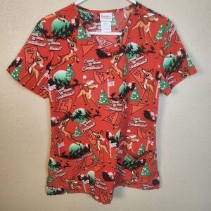 Rudolph The Red Nose Reindeer Red Christmas Scrub Top Small (5306)